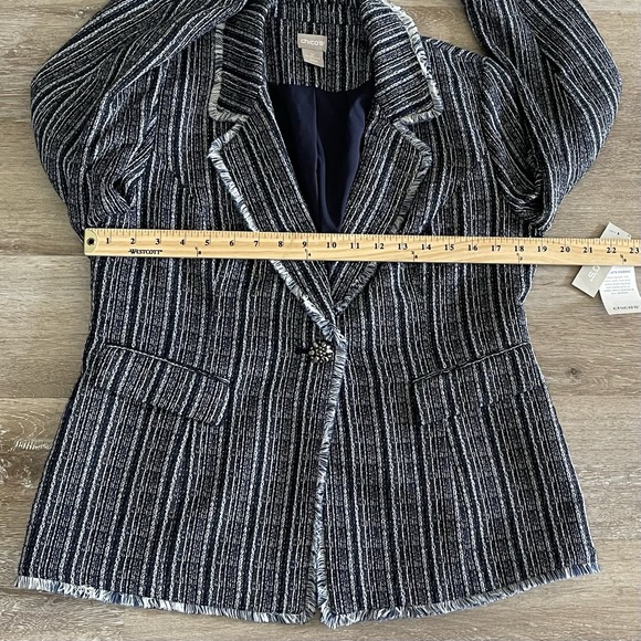 Chico's Striped Tweed Blazer Jacket 1P 8P US Navy Single Button Fringe - Picture 4 of 11
